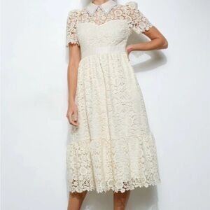 IVORY EMBELLISH COLLAR LACE MIDI DRESS WITH SHORT SLEEVES NWT